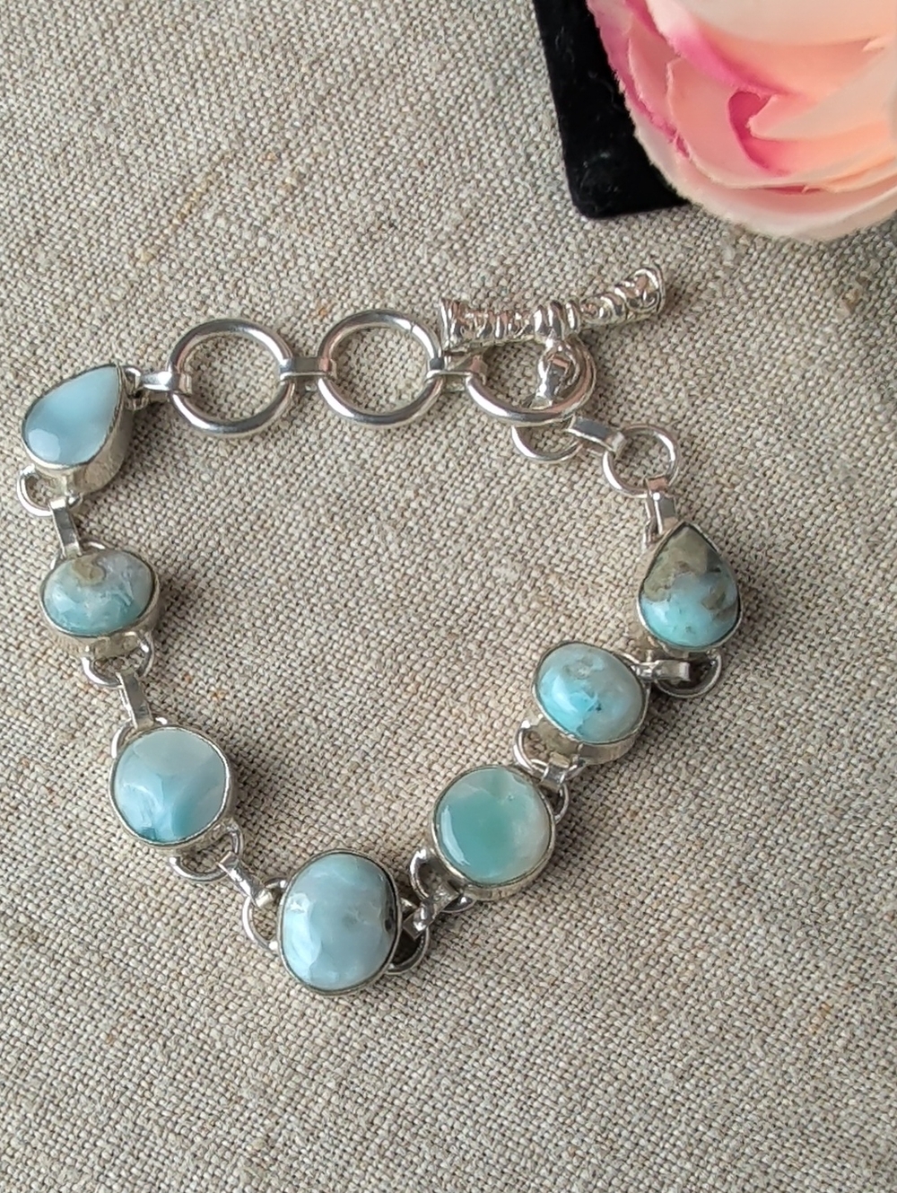 Vintage 925 Sterling Silver Blue Larimar Cabochon Bracelet Ornate Toggle